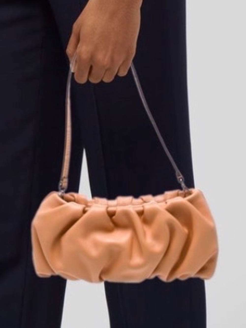 STAUD Peach-Orange Ruched Leather Wristlet / Shoulder / Clutch with Dust Bag - Picture 2 of 8